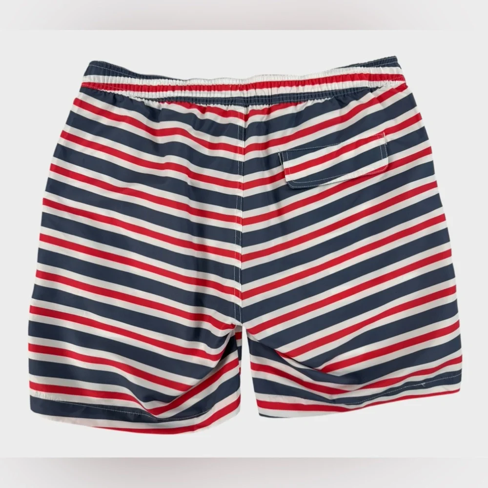 Onia Calder Stripe Swim Trunks Red White Blue Lined Drawstring Americana Lg